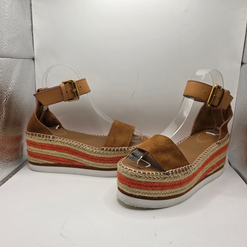 See By Chloe Glyn Brown Suede Leather Platform Espadrille Sandals Orange Stripe